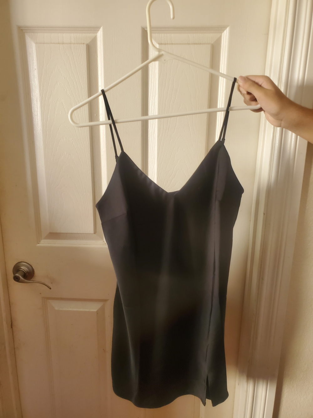 a new day Black Satin Slip Mini Dress with Thin Straps